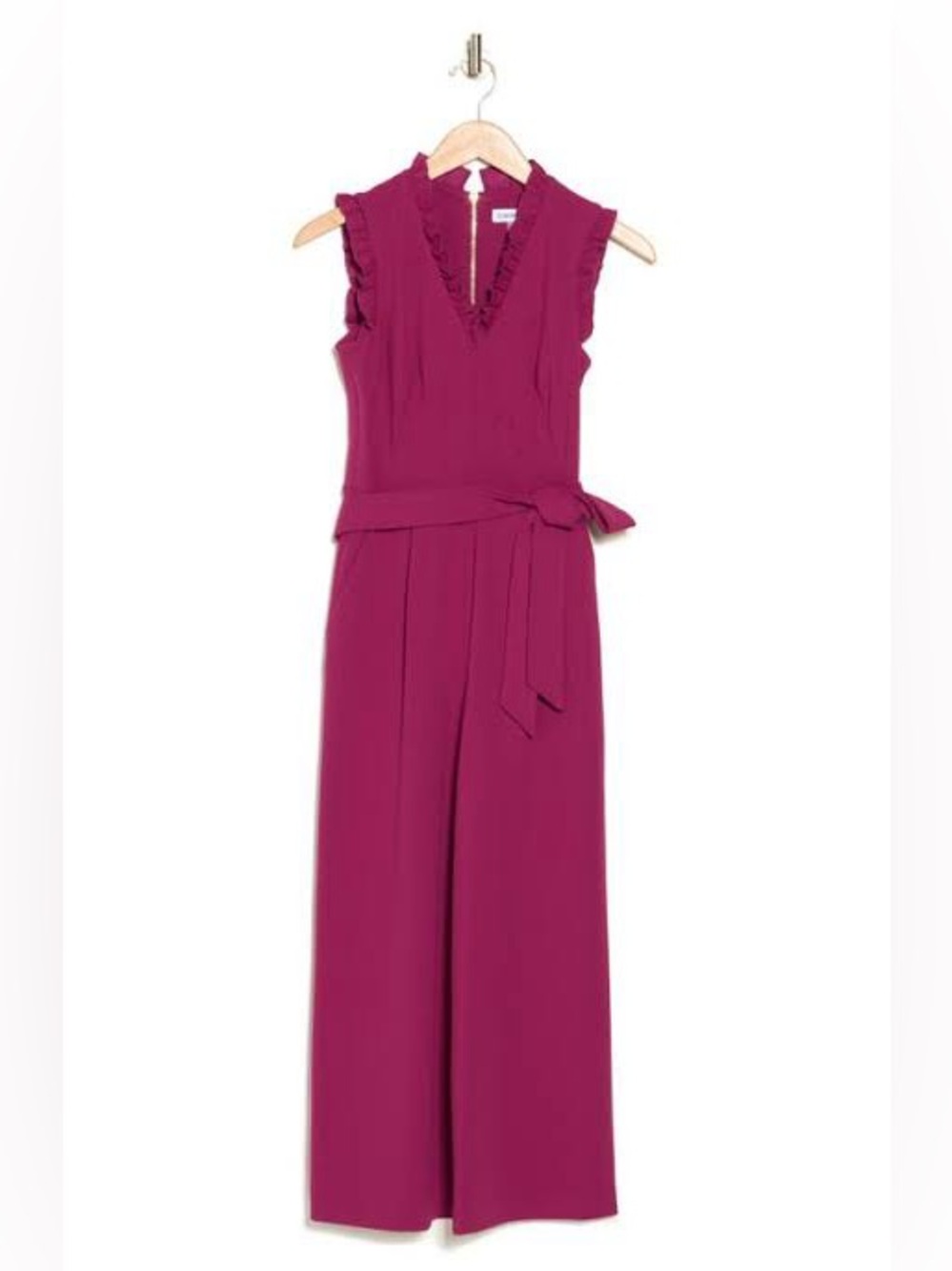 Calvin Klein Sleeveless Ruffled V-Neck Wide-Leg Jumpsuit in Magenta